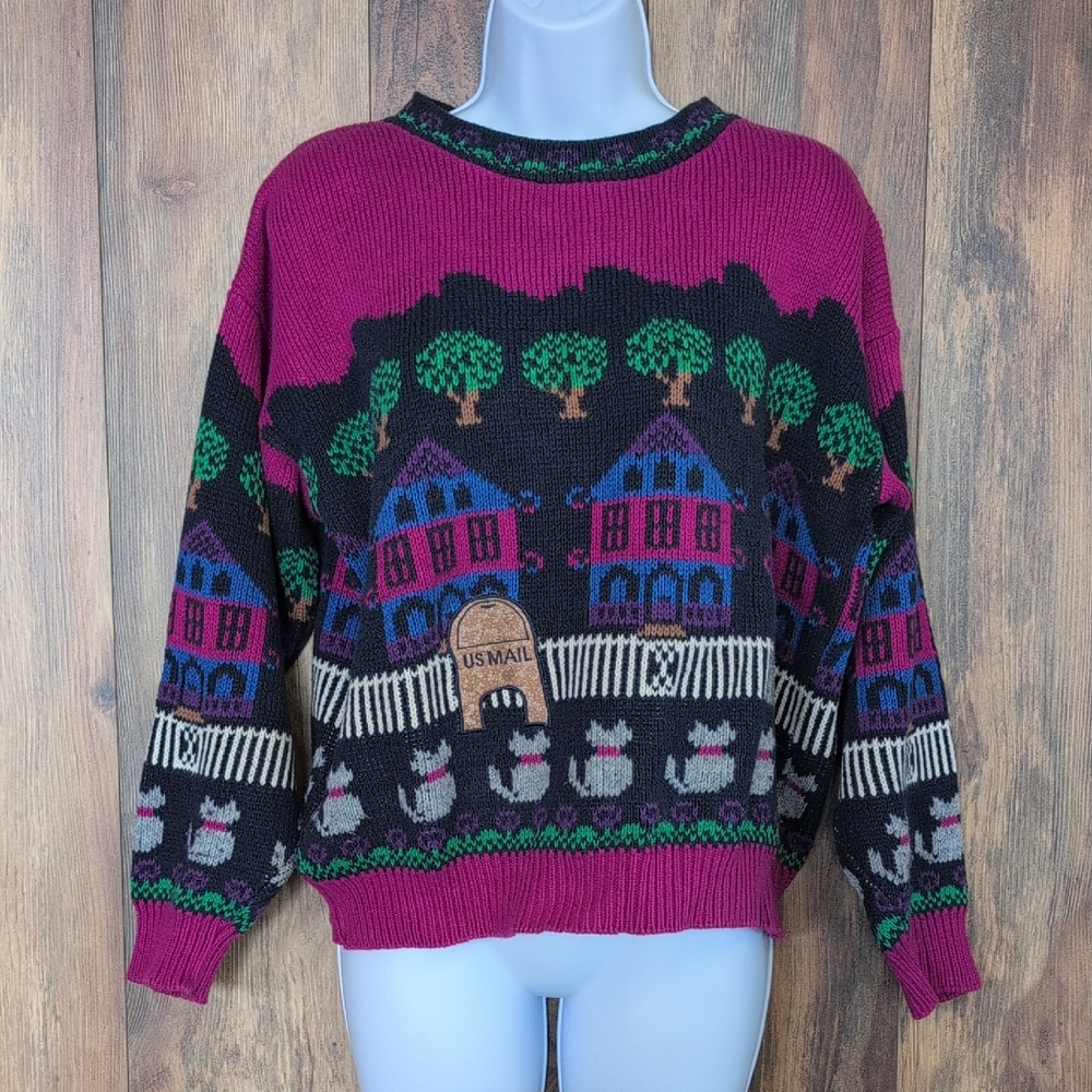 Sutton Place Vintage 80s Cats Trees & Houses Ugly Sweater L           F172